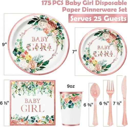 Miniatura 2 de Decoraciones de baby shower para niña, juego de vajilla desechable de 175 piezas de suministros florales para fiestas (25 invitados) con platos