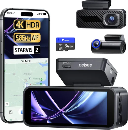 Pelsee Cámara de tablero P1 Pro 4K frontal y trasera, sensor STARVIS 2, tarjeta de 64 GB, cámara de tablero dual para automóviles con visión