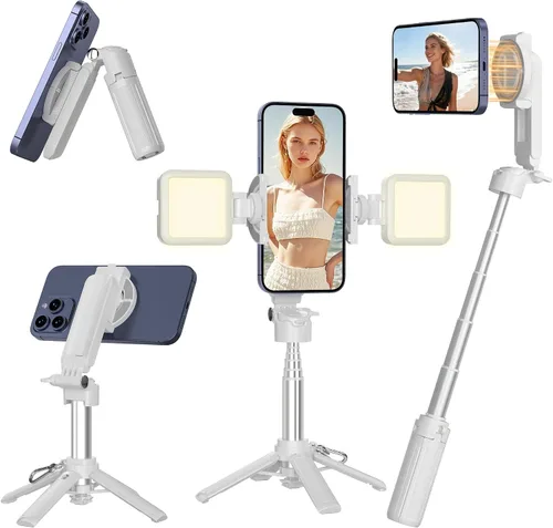 Mini palo magnético para selfie para iPhone, trípode portátil 4 en 1 de tamaño de bolsillo para iPhone MagSafe/Android con control remoto/luces de