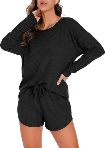 Miniatura 5 de PrinStory Conjunto de pijama para mujer, conjunto de 2 piezas de punto gofre, conjunto de ropa de descanso con bolsillos