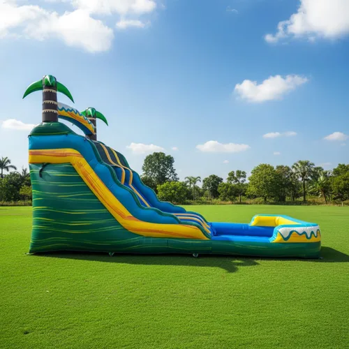 Miniatura 7 de HeroKiddo Tobogán acuático inflable de brisa tropical de 15 pies con piscina y soplador adjuntos, vinilo 100% PVC de 23 pies de largo, resistencia