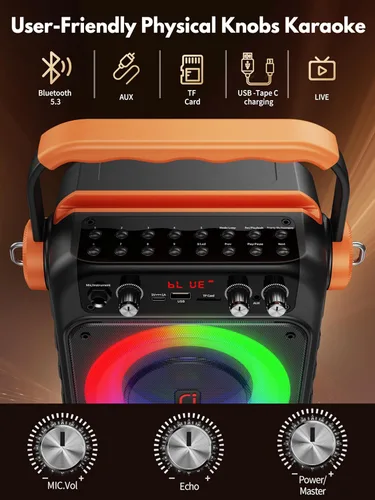 Miniatura 3 de Máquina de karaoke con 2 micrófonos inalámbricos: HWWR Altavoz Bluetooth 5.3 portátil para karaoke con luz, sistema PA para fiesta en casa