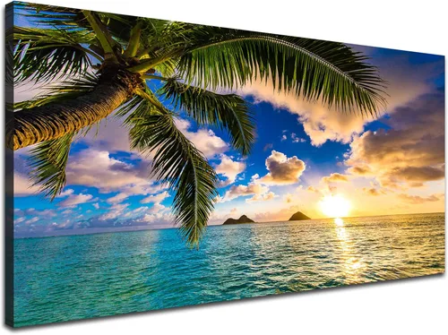 EPHANY Arte de pared con palmera de playa y océano, 1 lienzo para pared, escena de puesta de sol con paisaje de árbol, estirado y enmarcado, listo