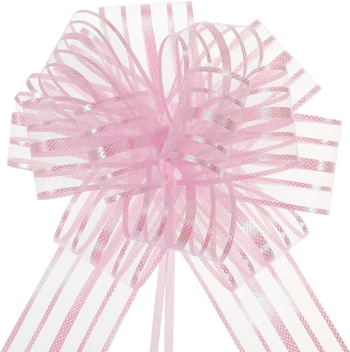 Miniatura 32 de MECCANIXITY 5 lazos metálicos de organza de 4 pulgadas para envolver regalos, color rosa claro para cestas de boda, regalos de Navidad, día de San