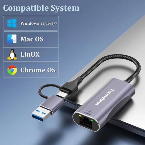 Miniatura 6 de Adaptador Ethernet USB, 2 en 1 USB C/USB 3.0 a RJ45 1000Mbps Gigabit Ethernet Adaptador de red LAN para MacBook Pro/Air, iPad Pro, iPhone15/15Pro