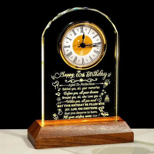 Miniatura 13 de Arikyrist Reloj de cristal de feliz cumpleaños 80 para hombres y mujeres, reloj de cuarzo con base de luz LED de madera, regalos de cumpleaños de 80