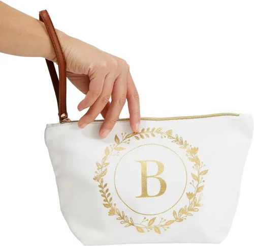 Miniatura 3 de Bolsa de maquillaje personalizada con inicial dorada para mujer, bolsa de cosméticos de lona con monograma, color blanco, Blanco, Dorado, B