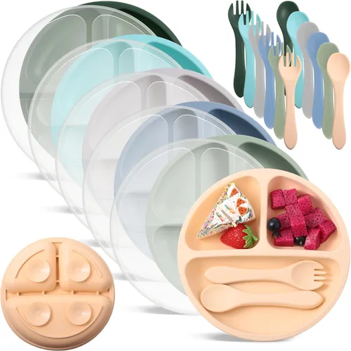 Miniatura 10 de Meanplan Paquete de 6 placas de succión para niños pequeños con tapas, juego de platos de silicona de grado alimenticio, diseño dividido, apto