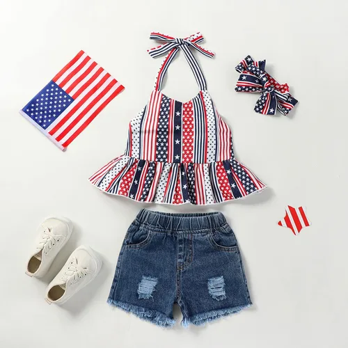 Miniatura 2 de Noubeau Traje de niña del 4 de julio con diseño de bandera americana, top halter para niñas, jeans rasgados, pantalones cortos de mezclilla, ropa