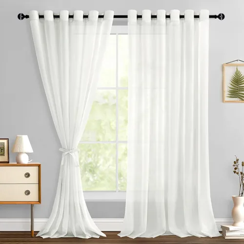 Miniatura 121 de Hiasan - Cortinas traslúcidas de gasa cortas semitransparentes con ojales y alzapaños filtrantes de luz para ventana, dormitorio, baño, 2 paneles