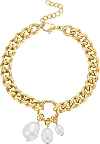 EF ENFASHION Pulsera clásica de eslabones de perlas de acero inoxidable chapada en oro de 18 quilates con dije de corazón para mujeres y niñas