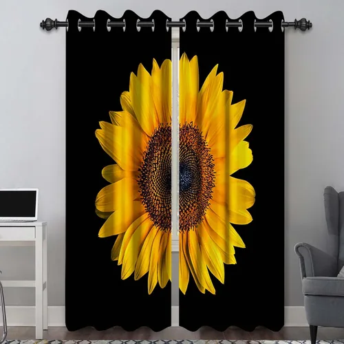 Cortinas opacas de girasol, diseño de arte vintage, cortinas florales para dormitorio, sala de estar, casa de campo, girasol, negro, cortinas de