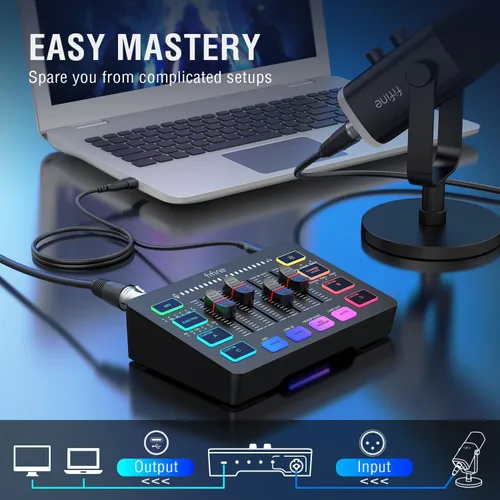 Miniatura 4 de FIFINE Mezclador de audio para juegos con paquete de cable XLR, mezclador de PC RGB de transmisión con cable de micrófono, interfaz XLR, atenuadores