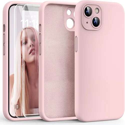 HATOSHI Funda para iPhone 13, silicona líquida mejorada [protección de cámara] con [2 protectores de pantalla], forro de microfibra suave Rosa
