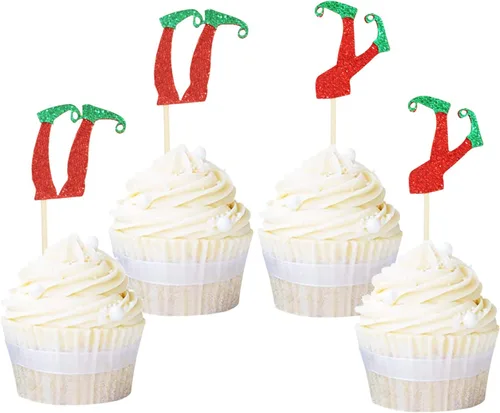 Miniatura 13 de Ercadio Paquete de 25 adornos para cupcakes de Papá Noel y elfo - Sombreros de Papá Noel con purpurina, sombreros de elfo, palillos para cupcakes