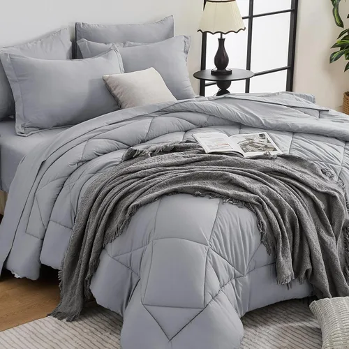 Miniatura 38 de HEVUMYI - Juego de edredón King de 7 piezas para todas las estaciones, cama en una bolsa, ultra suave, juego de cama con edredón, sábana plana, Azul