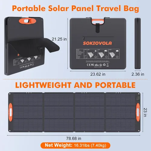 Miniatura 2 de SOKIOVOLA Panel solar portátil de tipo N-16BB de 200W para EF/Jackery/Bluetti/Anker Estación de energía, Panel solar plegable de 20V con 25% de alta