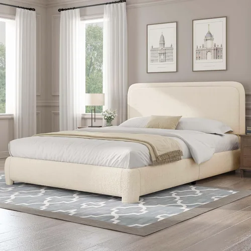 Miniatura 12 de BarnFurin Cloud Boucle - Base de cama de tamaño matrimonial, plataforma tapizada con cabecero, esquinas redondeadas suaves, no requiere somier, Beige