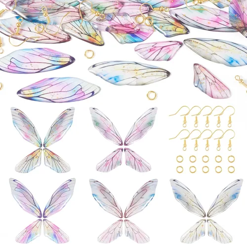 Miniatura 9 de FASHEWELRY 16 aretes de resina con alas de libélula y arco iris, mariposa, colgantes, alas de hada, coloridos dijes con ganchos para aretes, anillos