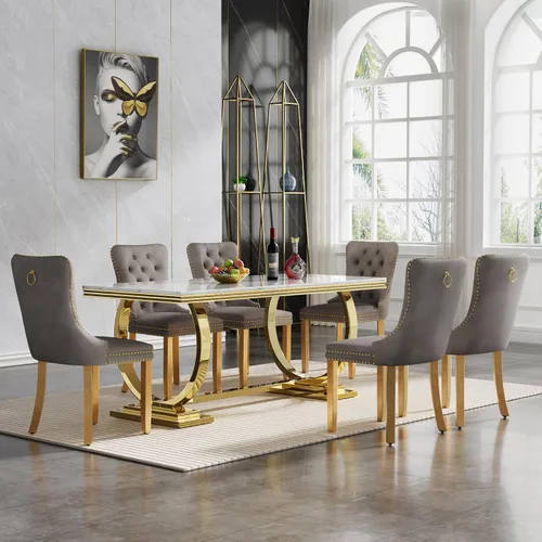 Miniatura 43 de Juego de mesa de comedor de 7 piezas con sillas, mesa de comedor de mármol sintético y sillas beige para 6, juego de mesa de comedor de oro blanco