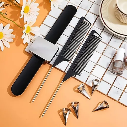 Miniatura 3 de Patelai 10 anillos de separación del cabello, 3 piezas de acero de cola de rata, peine para trenzar y pasador de muñeca magnético, herramienta