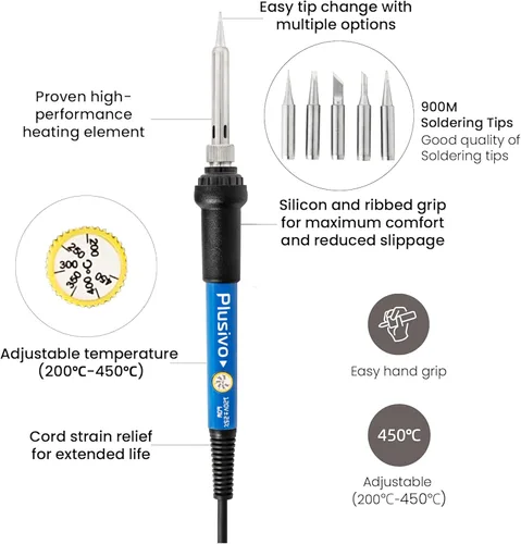 Miniatura 5 de Kit de soldador de 60 W, temperatura ajustable 30 en 1, 5 puntas de soldadura, multímetro digital, cable de soldadura, pasta, bomba de desoldadura