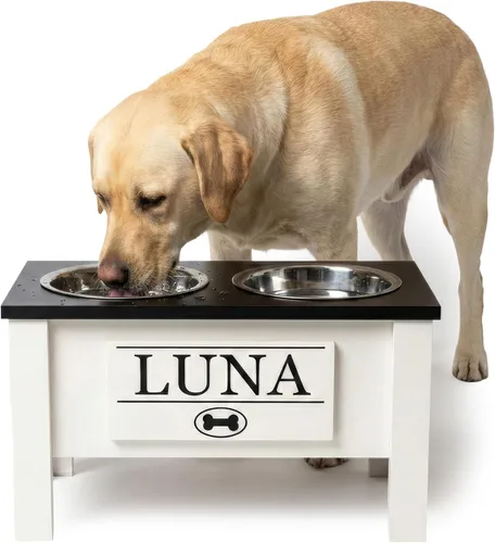 GrooveThis Woodshop Soporte Personalizado de Cuenco Elevado para Perros de Tamaño Grande, Mediano, Pequeño y Extra Pequeño - Cuencos de Acero Negro