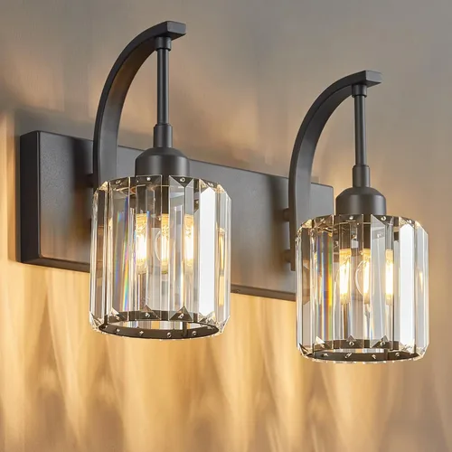 Miniatura 48 de Luces de tocador de cristal de 3 luces negras para tocador de baño, modernas lámparas de baño de cristal sobre espejo de 23.62 pulgadas de largo