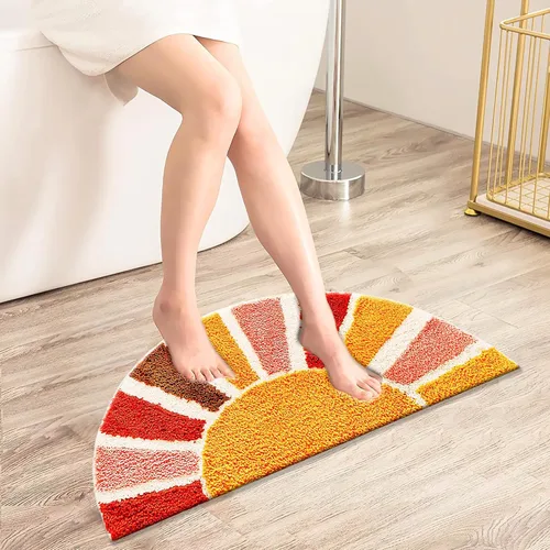 Miniatura 4 de UKELER Alfombra de baño bohemia, de medio círculo, bonita alfombra de baño retro para decoración del hogar, antideslizante, lavable, absorbente
