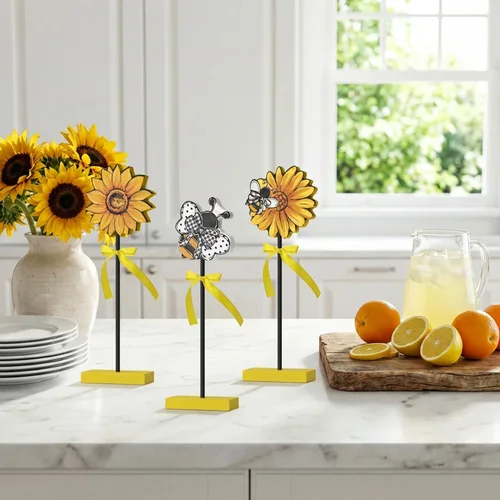 Miniatura 3 de Smile - 3 piezas de decoración de madera para interiores, estilo de abeja de girasol, centros de mesa de verano para el hogar, cocina, exhibición
