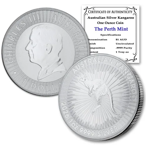 2026 P 1 oz Moneda de Canguro de Plata Australiana Brillante sin Circulación con Certificado de Autenticidad $1 Vendedor BU