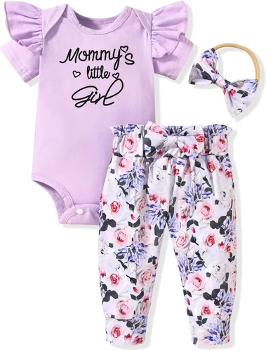 fioukiay Conjunto de ropa de verano para bebés y niñas recién nacidas prematuros, mameluco, pantalones, diadema, conjunto de ropa para el verano