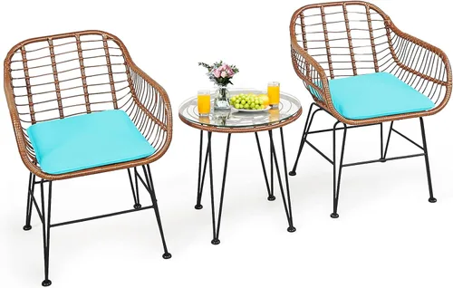 Tangkula Juego de 3 piezas para conversación de patio, muebles de mimbre para exteriores con mesa superior redonda de vidrio templado y 2 sillones