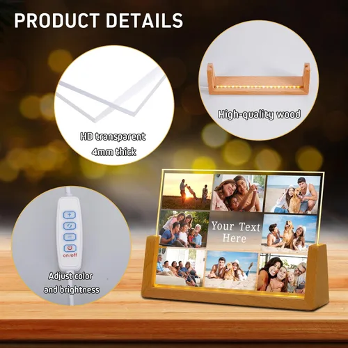 Miniatura 3 de Marco de fotos personalizado con foto, placa acrílica personalizada con base de luz nocturna LED, regalos de cumpleaños de aniversario para familia