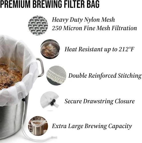 Miniatura 3 de BIAB - Paquete de 5 bolsas de elaboración de cerveza BIAB, 18 x 16 pulgadas, 250 micrones reutilizables de malla fina con costuras reforzadas