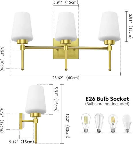 Miniatura 3 de Lámpara de baño de latón cepillado, 3 luces de 24 pulgadas, aplique de pared moderno con pantalla de vidrio para sobre el espejo, clasificación