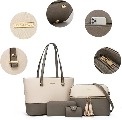 Miniatura 140 de Juego de 4 bolsas modernos para mujer de cuero sintético: bolso tote, bolso de hombro, bolso de mano y cartera.