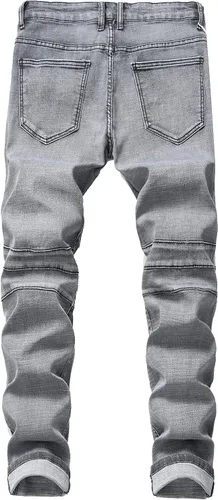 Miniatura 2 de QIMYUM Jeans ajustados para hombre, jeans ajustados rasgados para hombre, jeans de motociclista, elásticos, pantalones de mezclilla de Moto Cargo