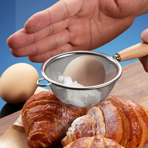 Miniatura 6 de Colador de doble malla fina de acero inoxidable con mango de madera para alimentos, arroz, pasta, harina, colador de harina, tamiz de cocina