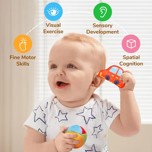 Miniatura 10 de JoyCat Juguetes para bebés de 6 a 12 meses - Caja misteriosa de tela suave con 10 objetos sensoriales, sonajero, papel arrugado, espejo - ¿Qué hay