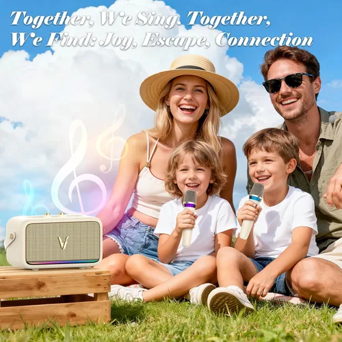 Miniatura 7 de Máquina de karaoke con 2 micrófonos inalámbricos y envoltura de cuero suave Mini altavoz Bluetooth portátil con 5 modos de cambio de voz