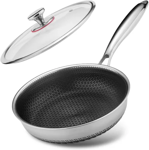 Lazycorner Sartén antiadherente con tapa, sartenes de 20.32 cm de acero inoxidable para cocina, utensilios de cocina no tóxicos, compatibles con