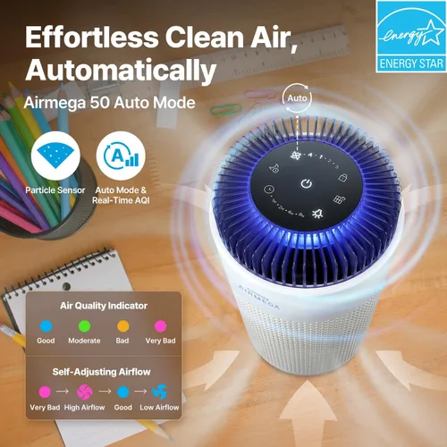 Miniatura 3 de COWAY Airmega 50 - Purificador de aire para dormitorio de hasta 500 pies cuadrados, filtro HEPA y desodorización para humo, alergias, caspa