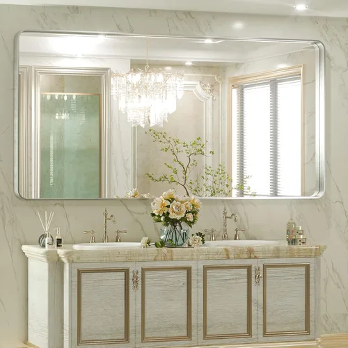 Miniatura 32 de TETOTE Espejo de marco dorado cepillado de 16 x 24 pulgadas, espejo de tocador de baño de latón dorado para pared, espejo enmarcado rectangular