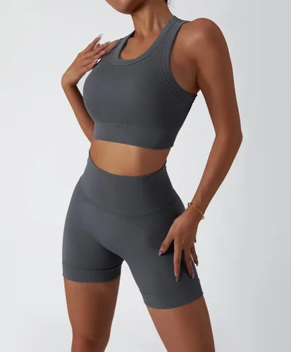 Miniatura 66 de Conjuntos de entrenamiento para mujer, 2 piezas, sin costuras, acanalada, sin mangas, brasier deportivo, cintura alta, pantalones cortos