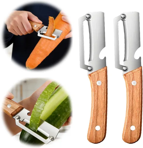 Miniatura 9 de Nuevo pelador de verduras multifuncional para cocina, con mango de madera y abridor de botellas, hoja de acero inoxidable ultra afilada para frutas