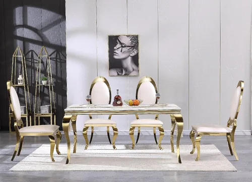 Miniatura 4 de ACEDÉCOR Sillas de comedor blancas y doradas, modernas sillas de piel sintética blanca, magnífica silla ovalada con respaldo de acero inoxidable