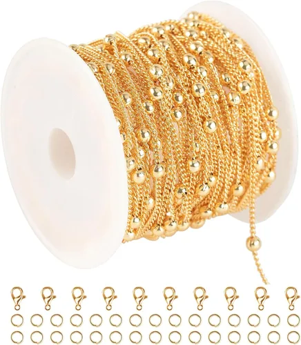 Cadena de latón chapada en oro de 18 quilates de 5 metros/16.4 pies para hacer joyas, cadena de cuentas de oro claro para mujeres, cadena de Cuentas