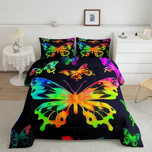 Miniatura 14 de Erosebridal Juego de ropa de cama de calavera gótica, flores mandala, mariposa hippie para niñas y niños, edredón de esqueleto de la muerte de Negro
