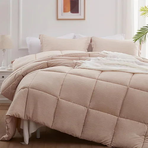 Miniatura 2 de NexHome Juego de edredón tamaño Queen de 3 piezas de color beige, suave, de lujo, teñido catiónico, para todas las estaciones, juegos de cama